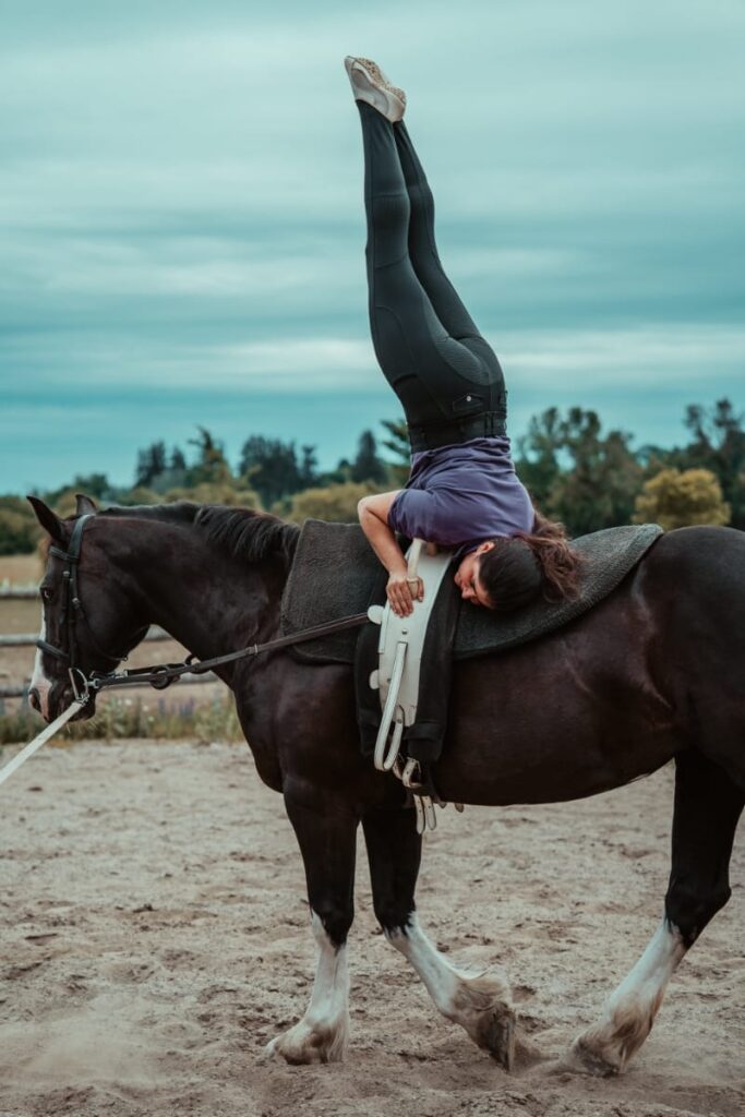 White Forest Farm vaulting coach Laila Ceballos Jung demonstrates her skills atop a black and white horse at White Forest Farm.